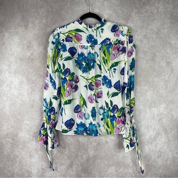 Parker Cassidy Floral-Print Ruffled-Sleeve Silk Blend Blouse In White Size XS - Picture 4 of 7
